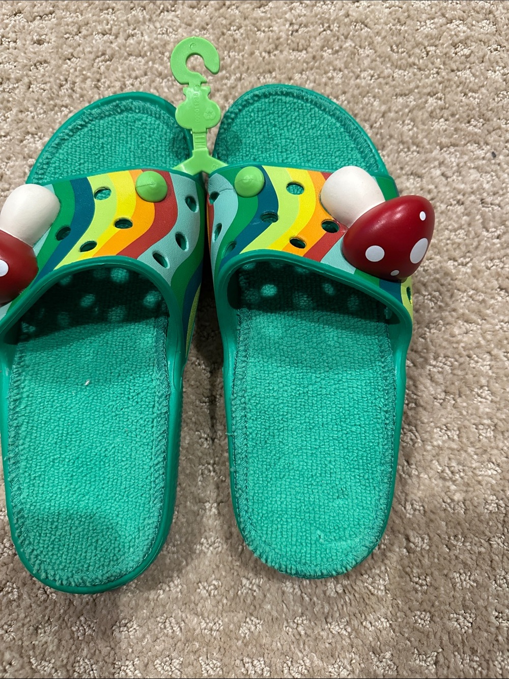 CROCS Teal Slide Sandals with Rainbow Straps and Red Mushroom Charms - Picture 3 of 6